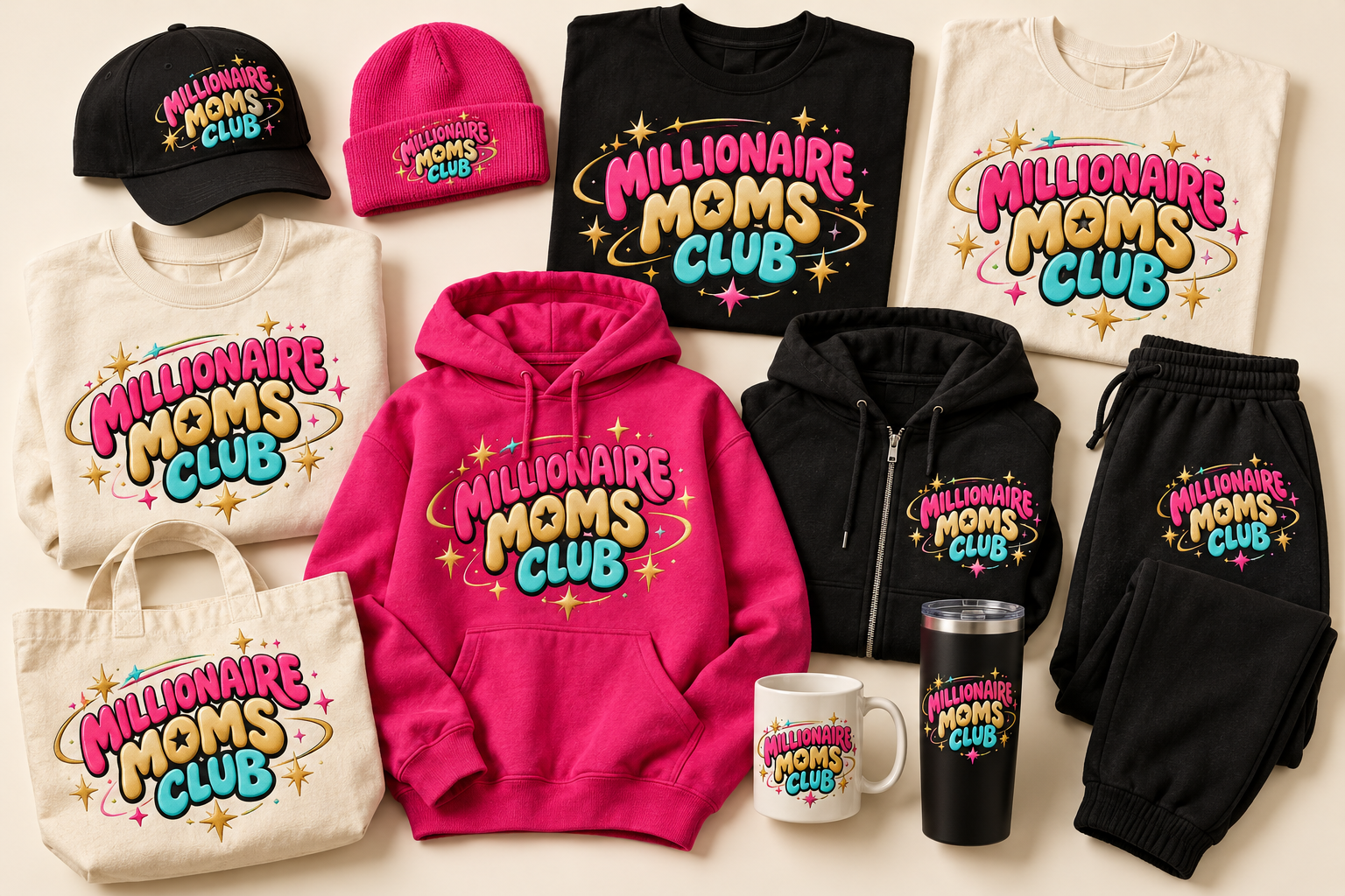 Original cosmic style Millionaire Moms Club lettering on merch