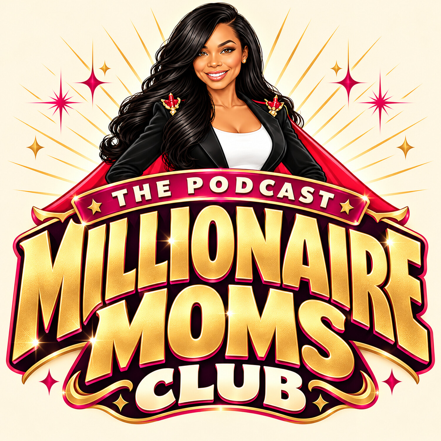 Millionaire Moms Club podcast logo with a glamorous illustrated host and arched gold lettering